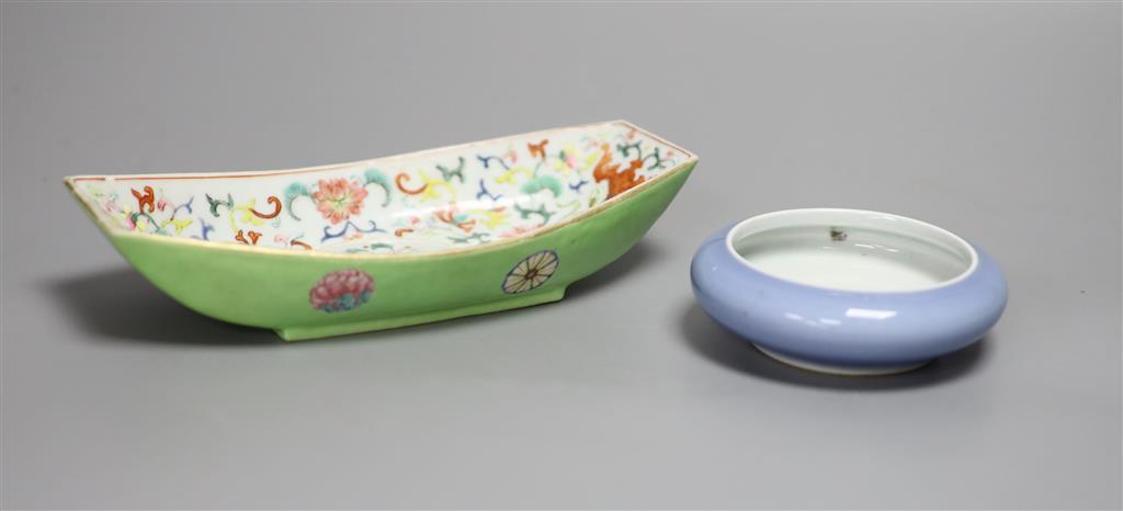 A Chinese famille rose cup stand, length 19.5cm and a claire de lune censer
